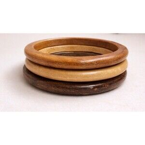 Vintage Wood Bangle Bracelet Set 3 Stack Boho Natural Brown Chunky